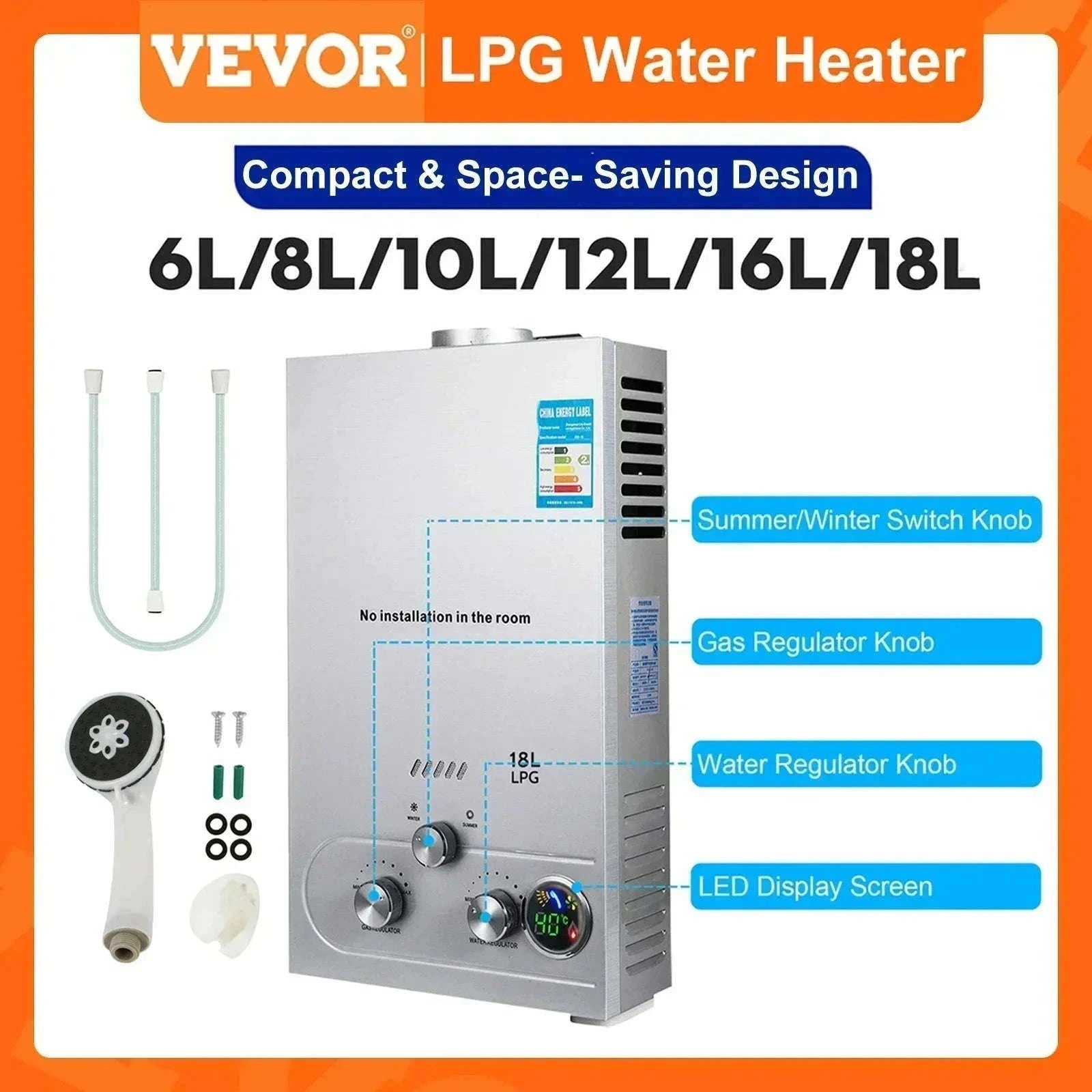 8L Tankless LPG Water Heater with LED Display & Safety Protection-8L / United States