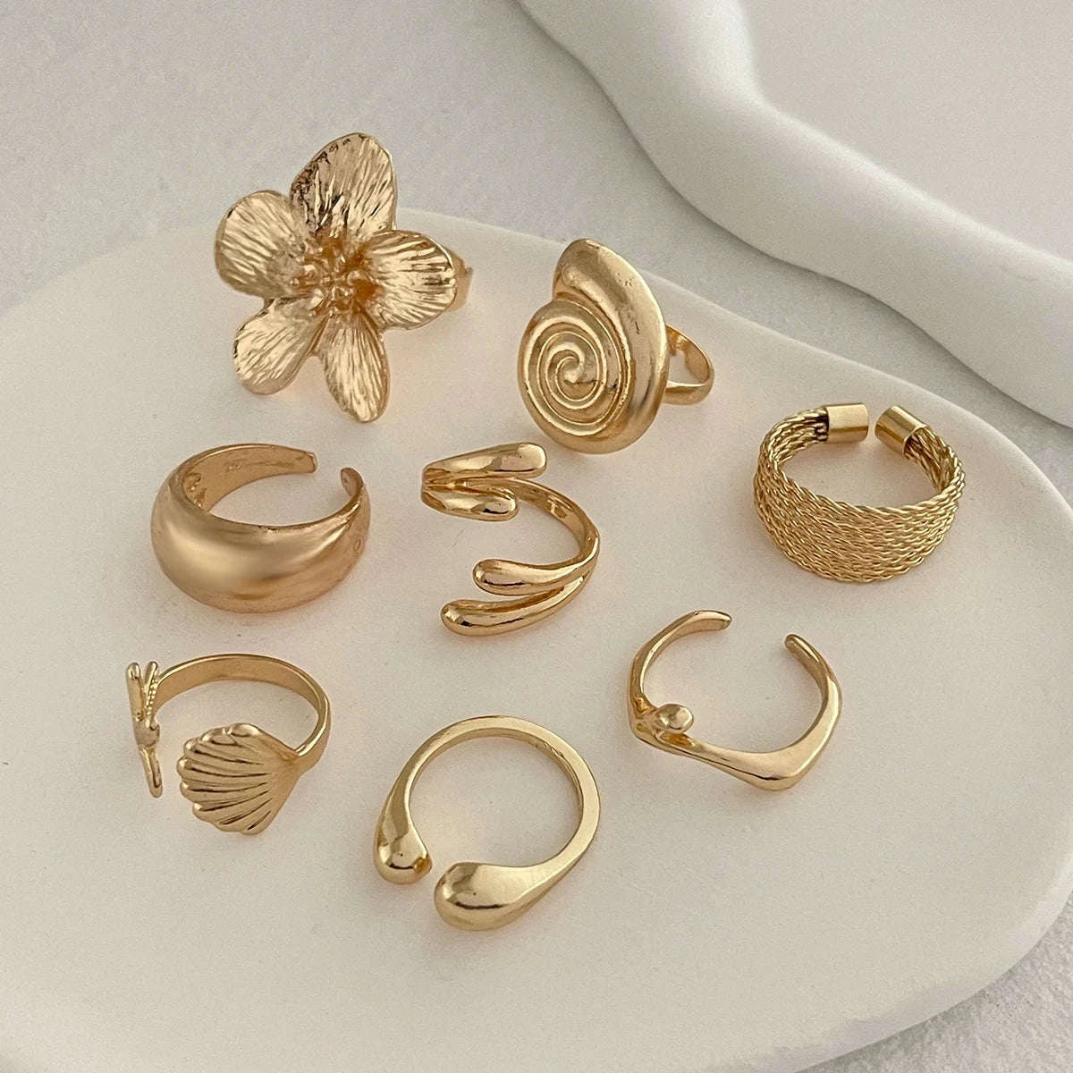 8Pcs Vintage Metal Flower Rings – Petal & Water Drop Open Rings for Women-Set / CHINA