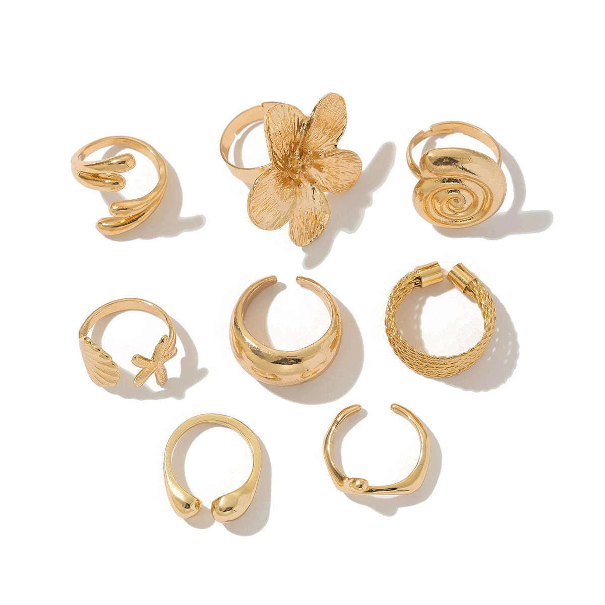 8Pcs Vintage Metal Flower Rings – Petal & Water Drop Open Rings for Women-Set / CHINA