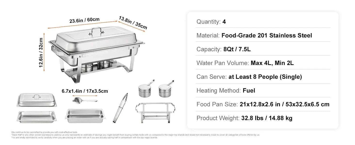 8QT Chafing Dish Buffet Set with Full Pans & Fuel Holders-4 Packs / United States