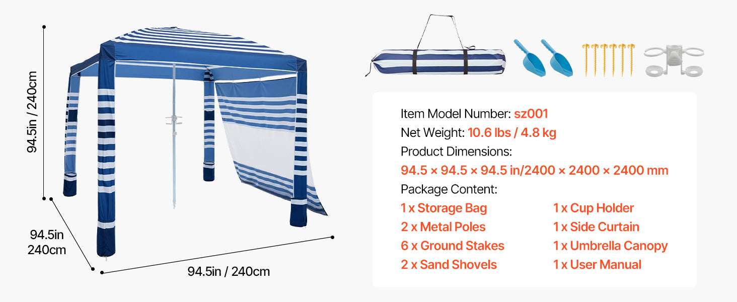 8x8 ft Beach Cabana Tent with UPF 50+ Shade & Side Wall-Navy Solid / United States