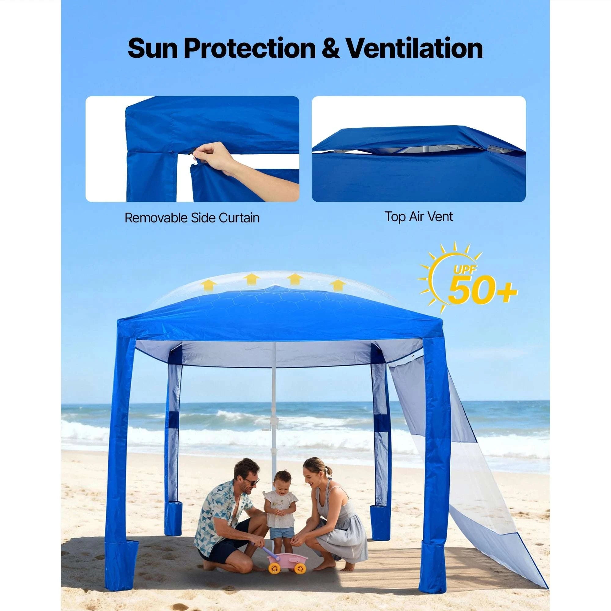 8x8 ft Beach Cabana Tent with UPF 50+ Shade & Side Wall-Navy Solid / United States