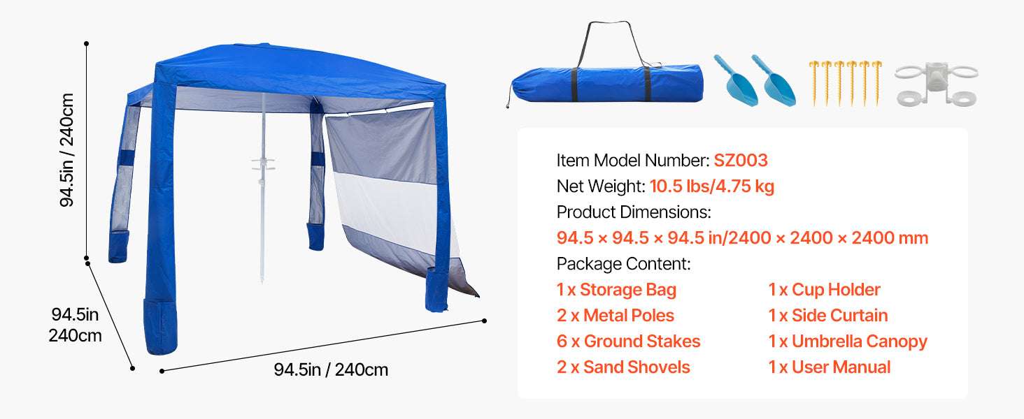 8x8 ft Beach Cabana Tent with UPF 50+ Shade & Side Wall-Navy Solid / United States