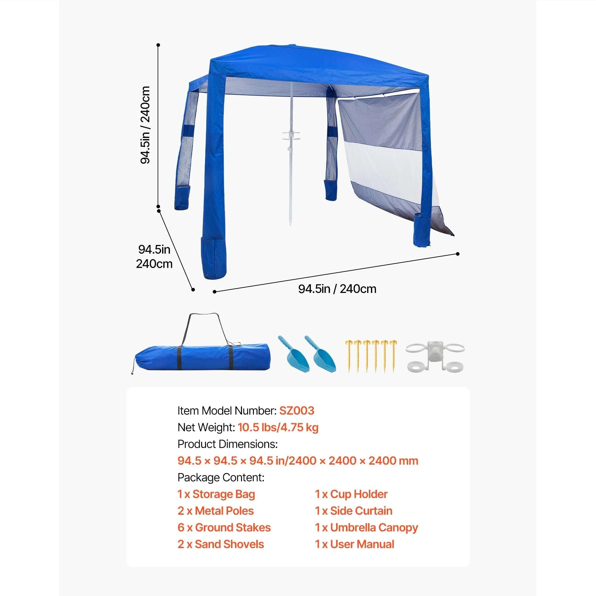 8x8 ft Beach Cabana Tent with UPF 50+ Shade & Side Wall-Navy Solid / United States
