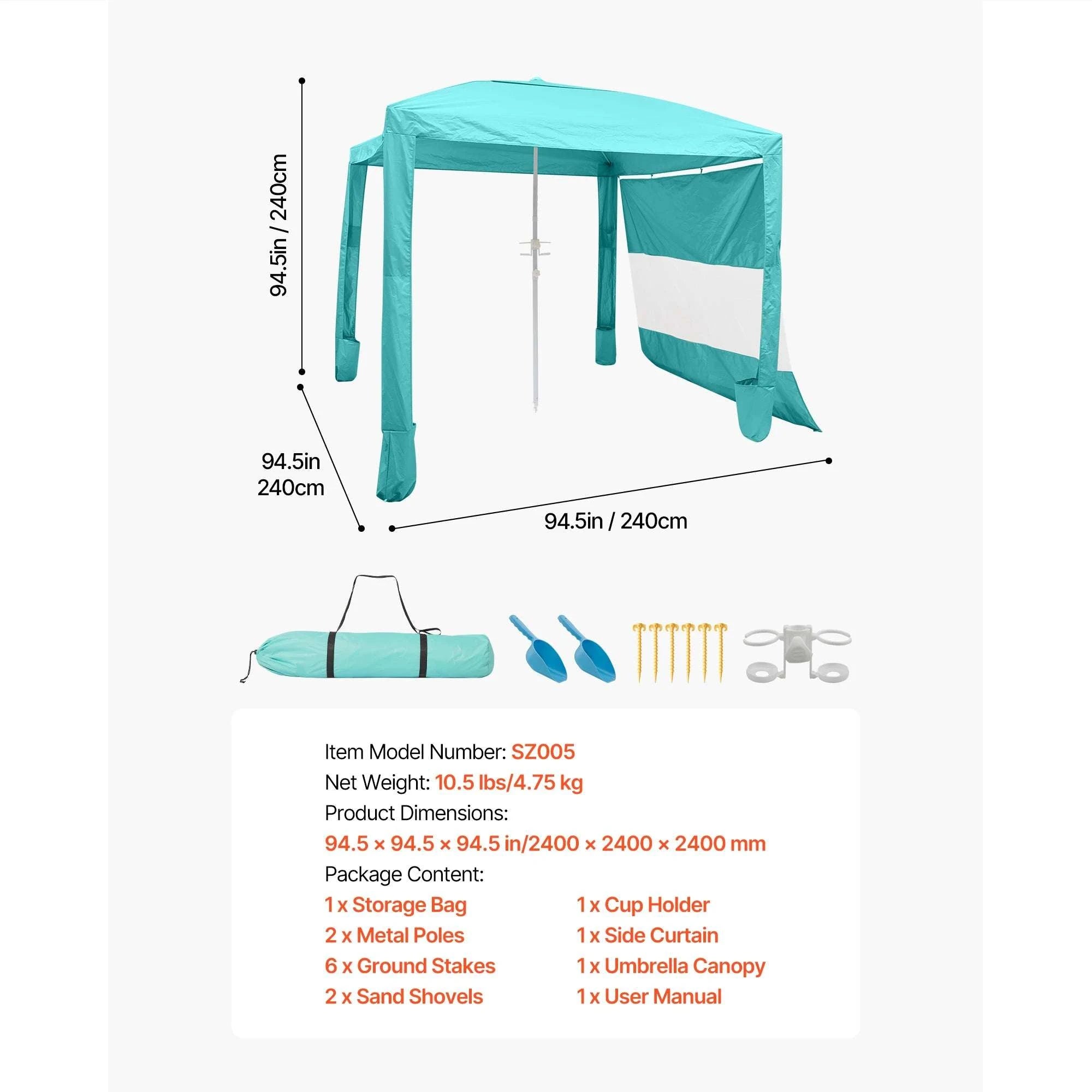8x8 ft Beach Cabana Tent with UPF 50+ Shade & Side Wall-Navy Solid / United States
