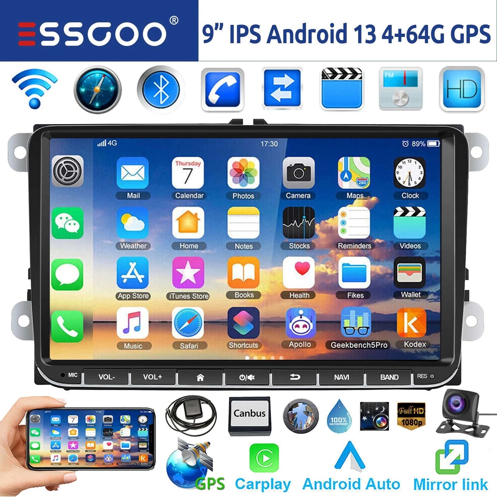 9" Android 14 4G+64G Wireless Carplay Car Stereo GPS NAVI WIFI RDS FM BT EQ for VW Golf 5 6 Passat Polo Touran Tiguan Caddy EOS-1-32 Carplay AHD Cam / United States / Quad Core