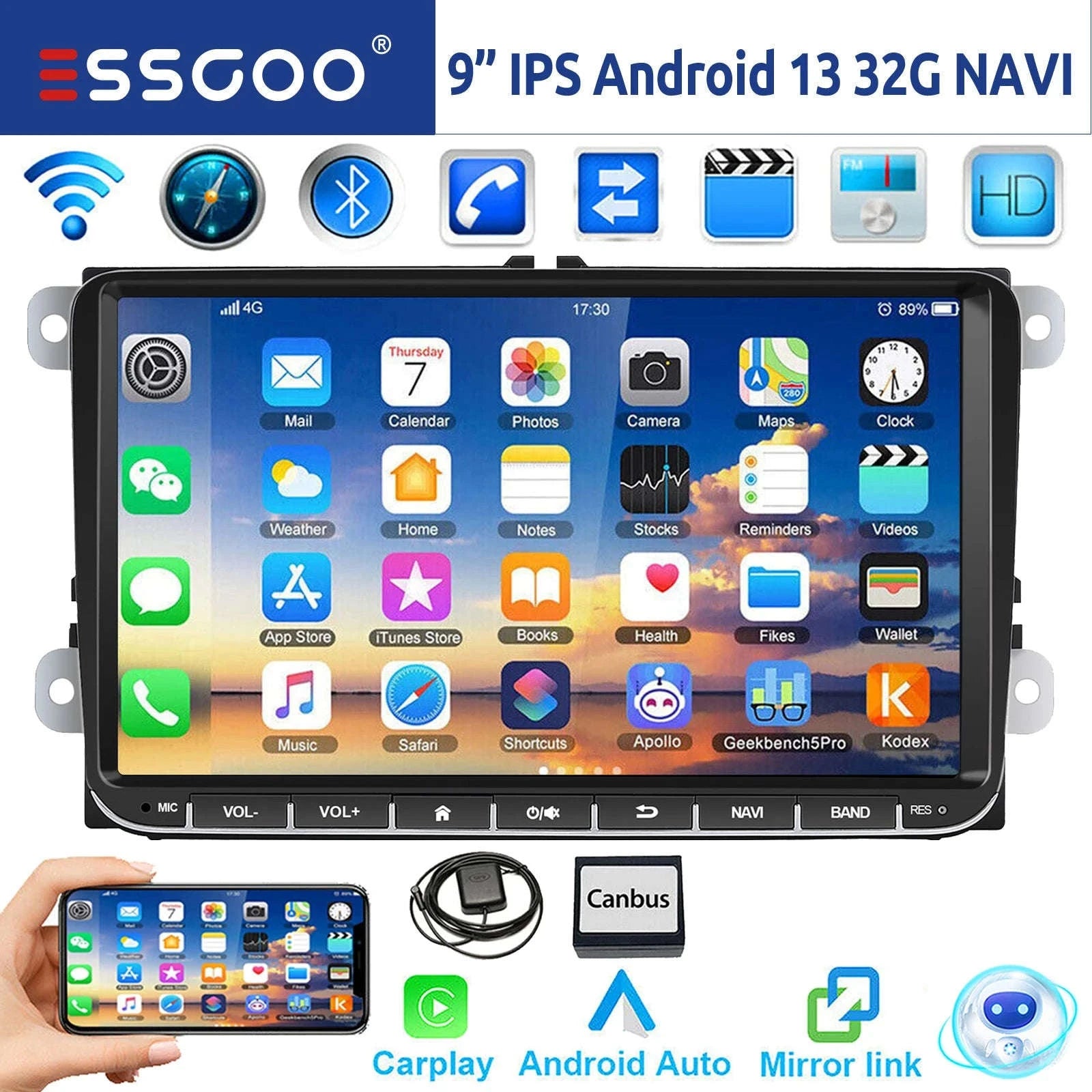 9" Android 14 4G+64G Wireless Carplay Car Stereo GPS NAVI WIFI RDS FM BT EQ for VW Golf 5 6 Passat Polo Touran Tiguan Caddy EOS-1-32 Carplay AHD Cam / United States / Quad Core