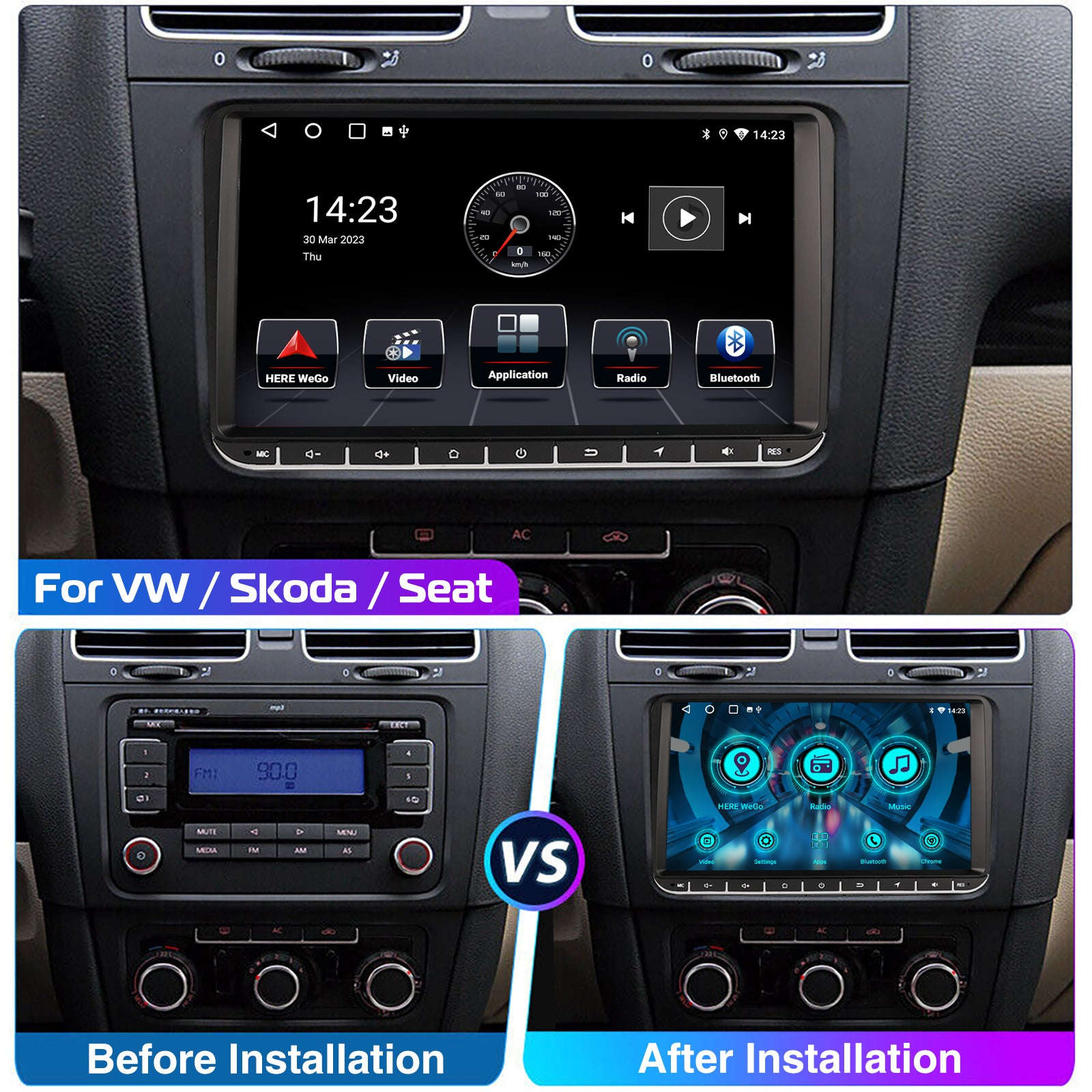 9" Android 14 4G+64G Wireless Carplay Car Stereo GPS NAVI WIFI RDS FM BT EQ for VW Golf 5 6 Passat Polo Touran Tiguan Caddy EOS-1-32 Carplay AHD Cam / United States / Quad Core
