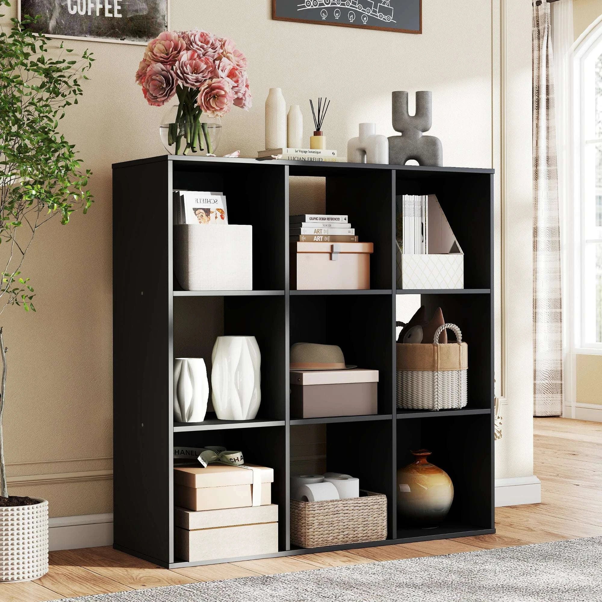 9 Cube Storage Organizer Wooden Bookcase Shelf for Home-6-Cube Black / United States