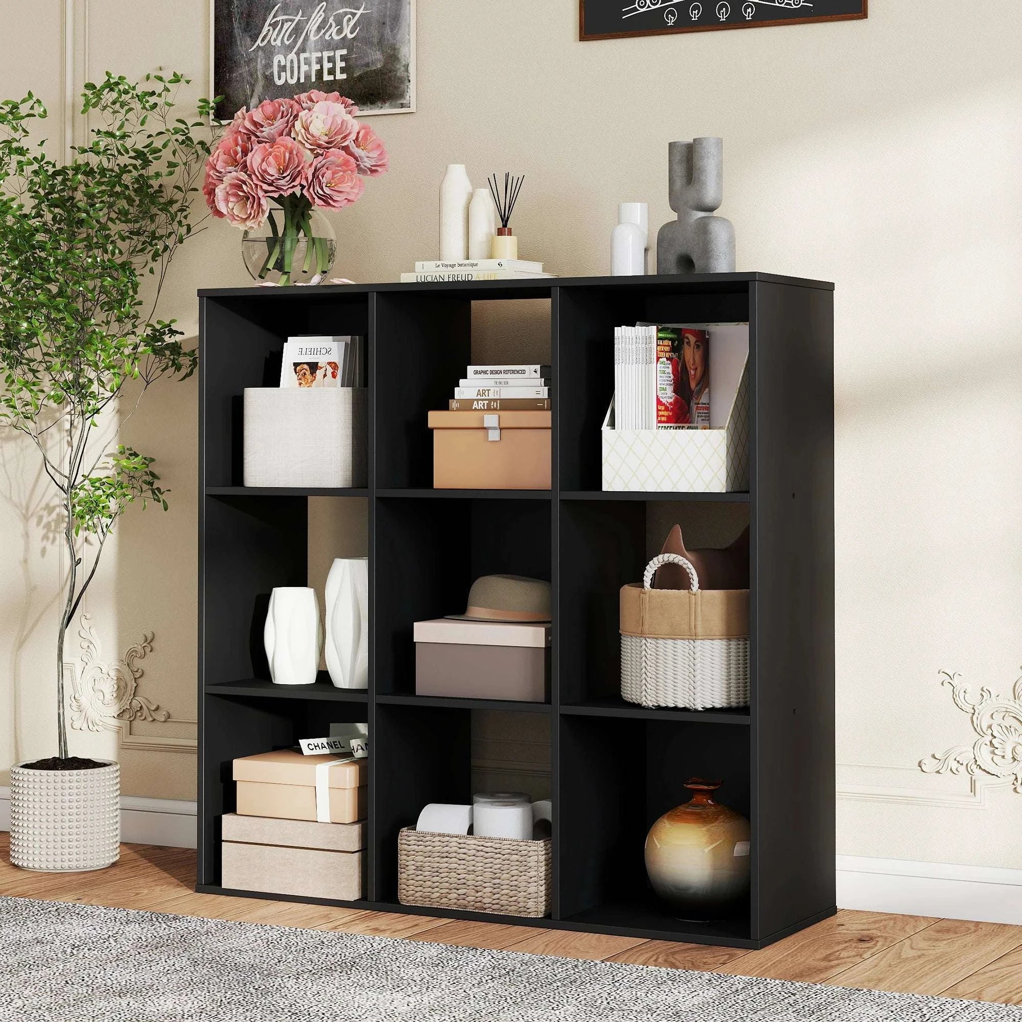 9 Cube Storage Organizer Wooden Bookcase Shelf for Home-6-Cube Black / United States