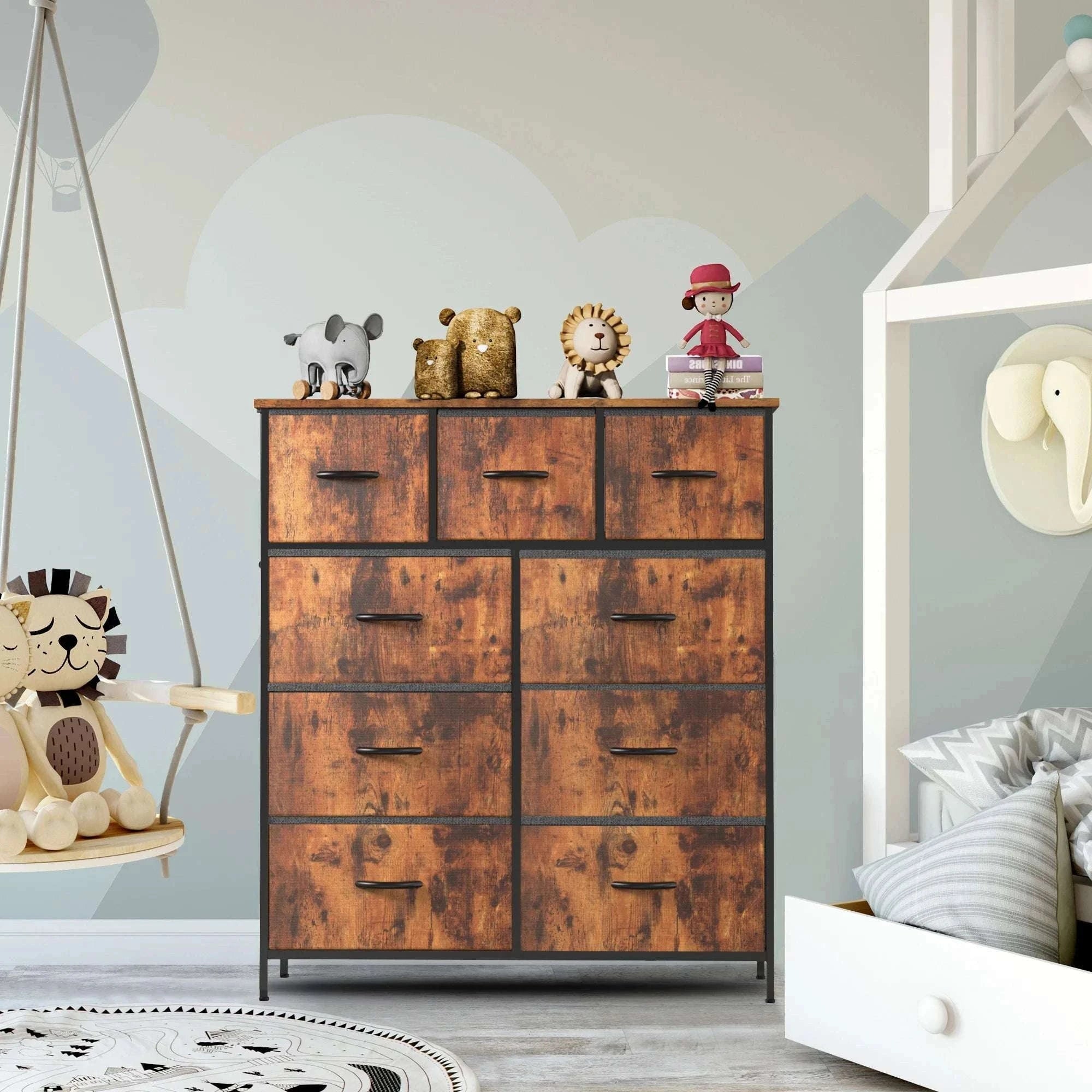 9-Drawer Fabric Dresser with Metal Frame Tall Bedroom Organizer-WHITE / United States