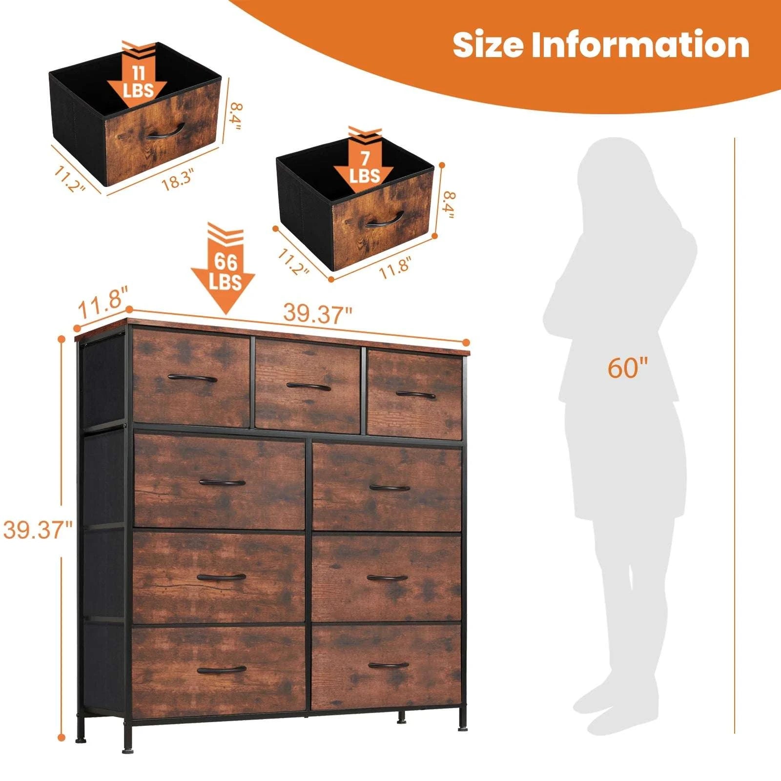 9-Drawer Fabric Dresser with Metal Frame Tall Bedroom Organizer-WHITE / United States