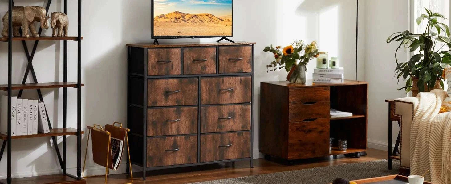 9-Drawer Fabric Dresser with Metal Frame Tall Bedroom Organizer-WHITE / United States