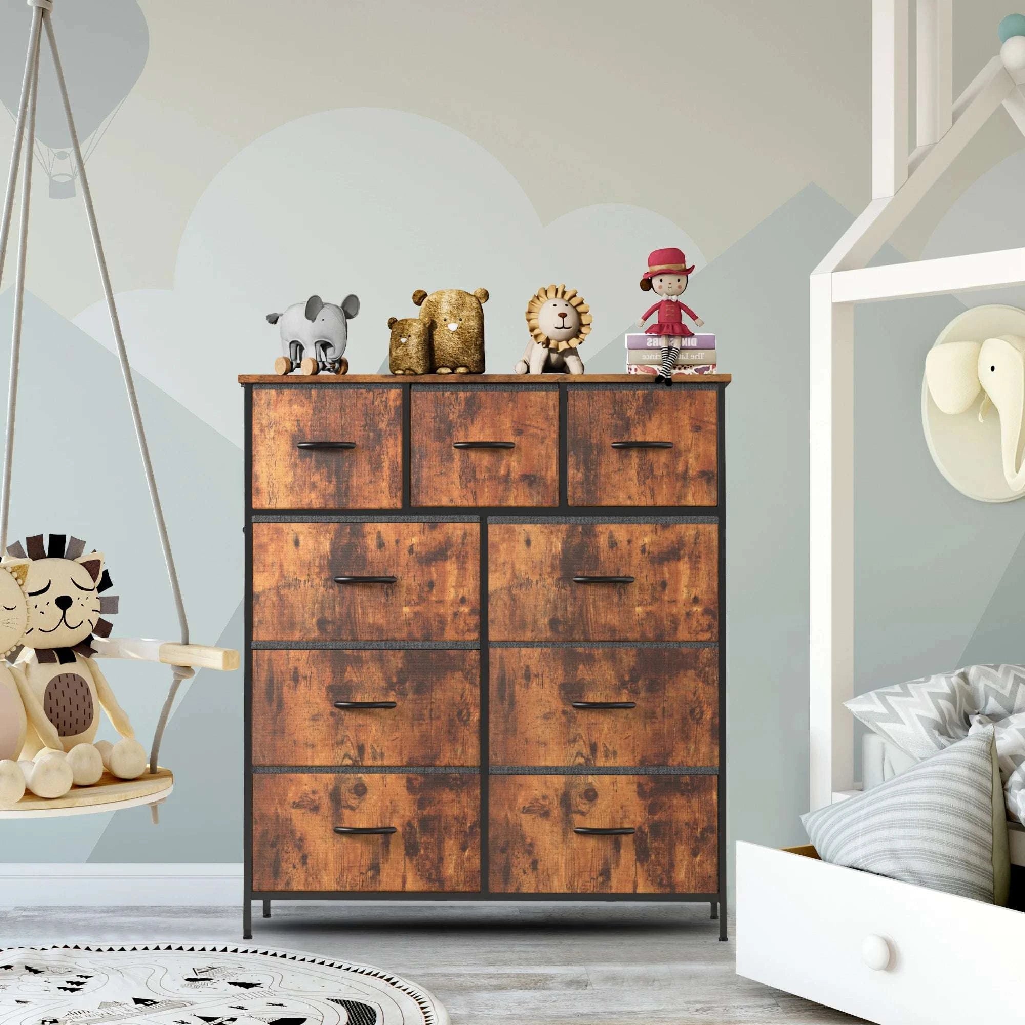 9-Drawer Fabric Dresser with Metal Frame Tall Bedroom Organizer-WHITE / United States