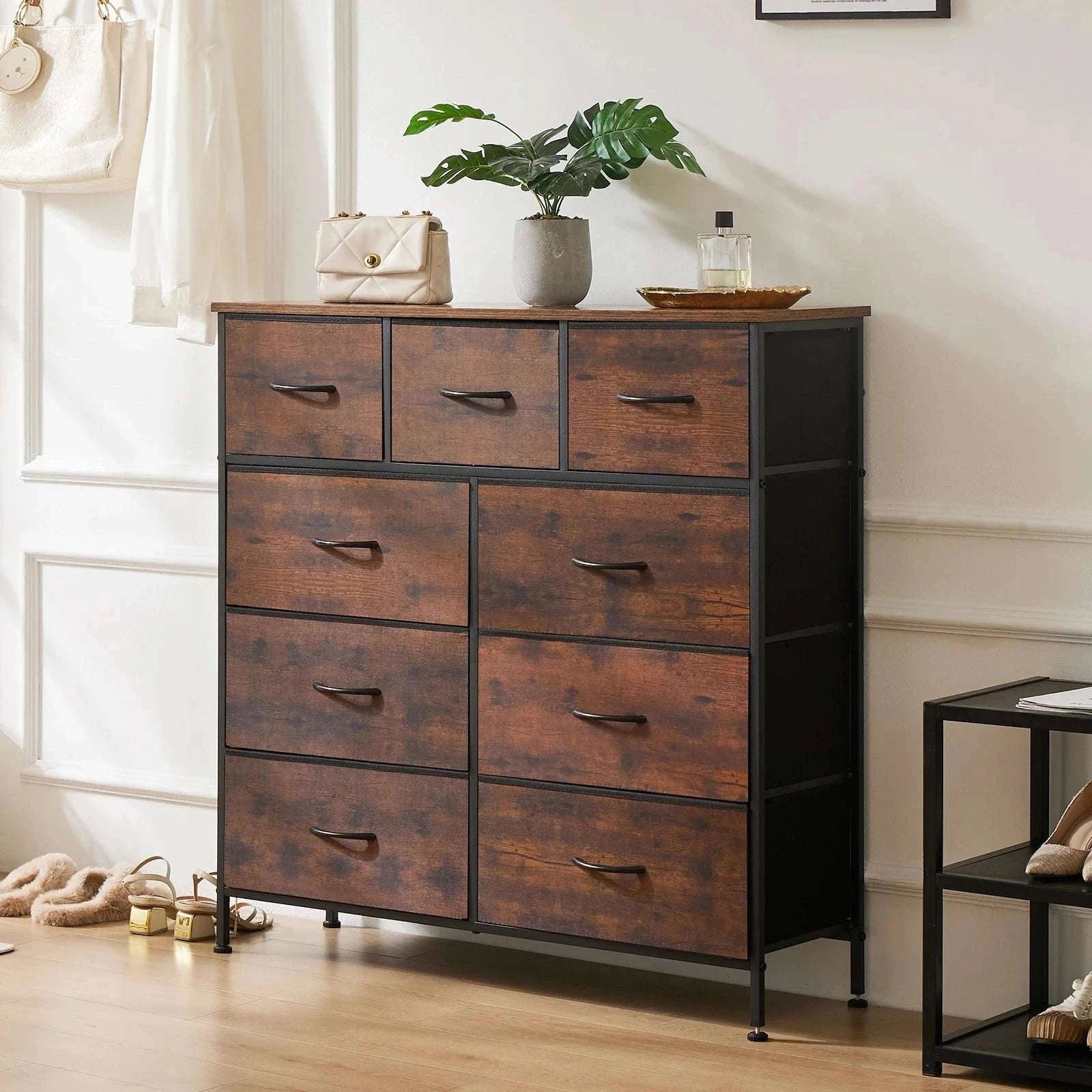 9-Drawer Fabric Dresser with Metal Frame Tall Bedroom Organizer-WHITE / United States