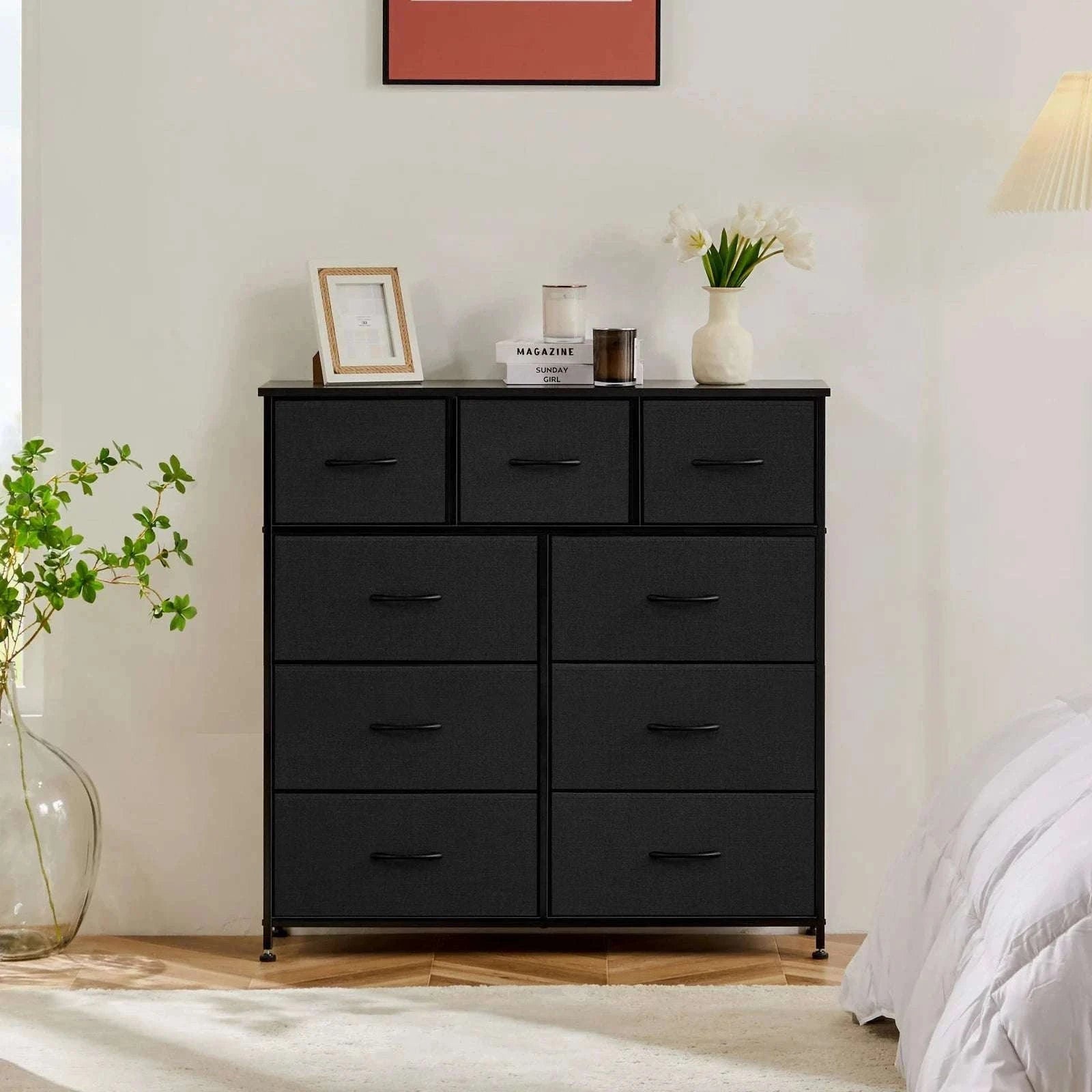 9-Drawer Fabric Dresser with Metal Frame Tall Bedroom Organizer-WHITE / United States