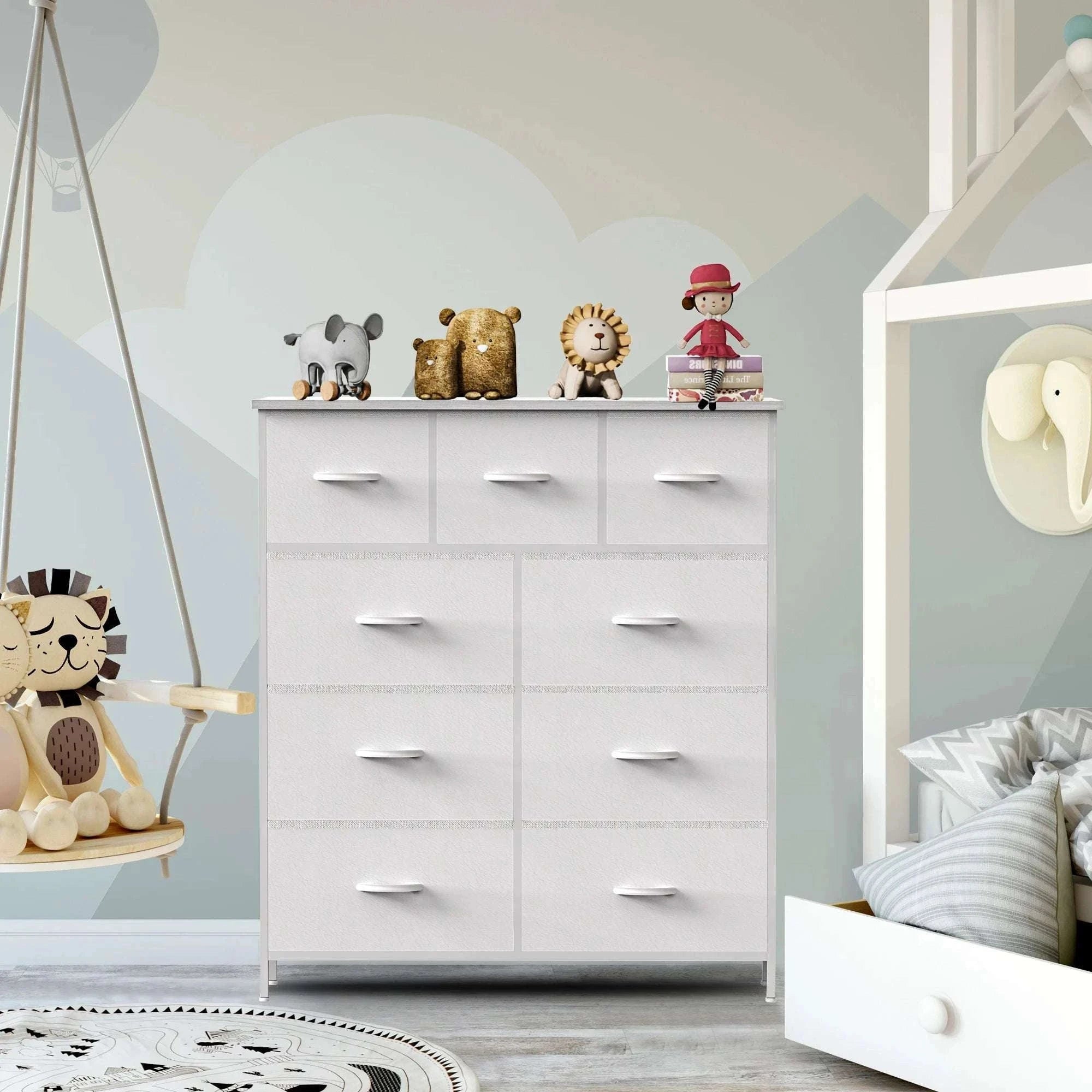 9-Drawer Fabric Dresser with Metal Frame Tall Bedroom Organizer-WHITE / United States