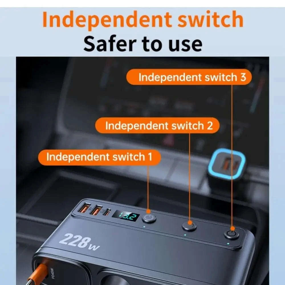 9-in-1 Car Charger Adapter 228W with 3 Sockets and Fast Charging-GC06