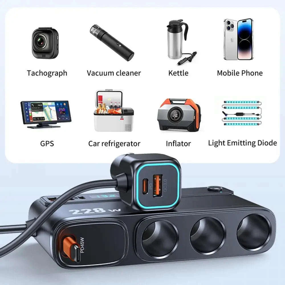 9-in-1 Car Charger Adapter 228W with 3 Sockets and Fast Charging-GC06