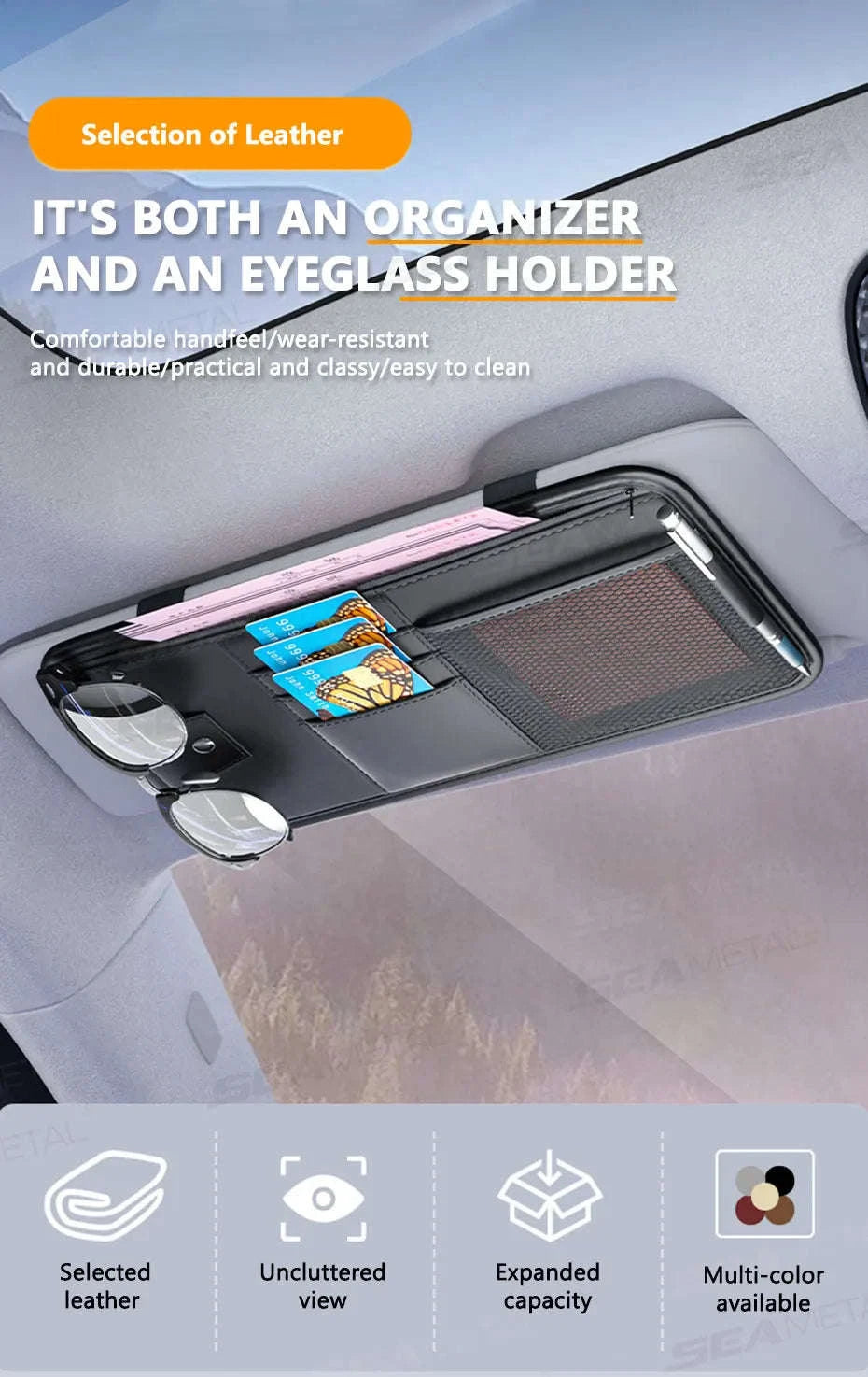 9 in 1 Sun Visor Organizer for Car PU Leather Zipper Storage Bag-GRAY