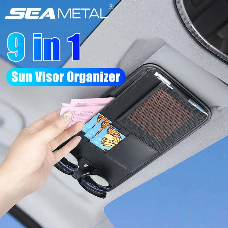 9 in 1 Sun Visor Organizer for Car PU Leather Zipper Storage Bag-GRAY