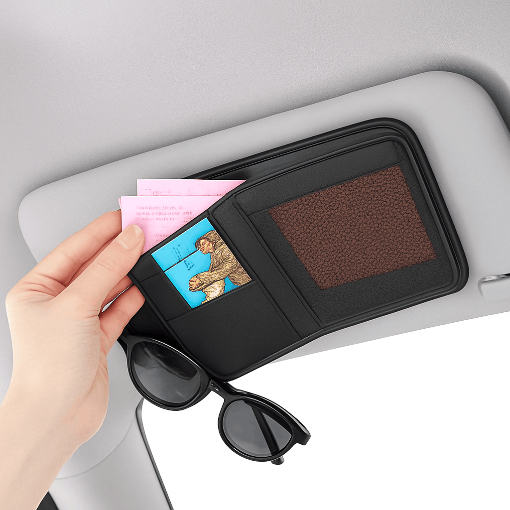9 in 1 Sun Visor Organizer for Car PU Leather Zipper Storage Bag-GRAY