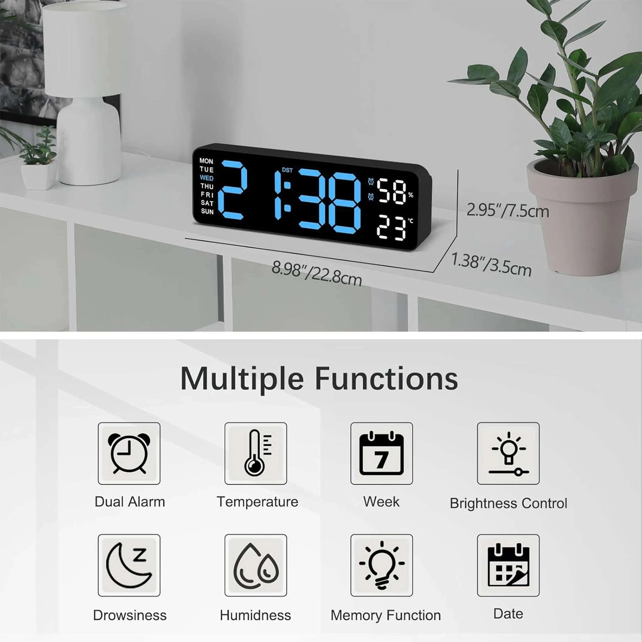 9" LED Digital Wall Clock with Temperature, Humidity & Weekday Display-Green / United States