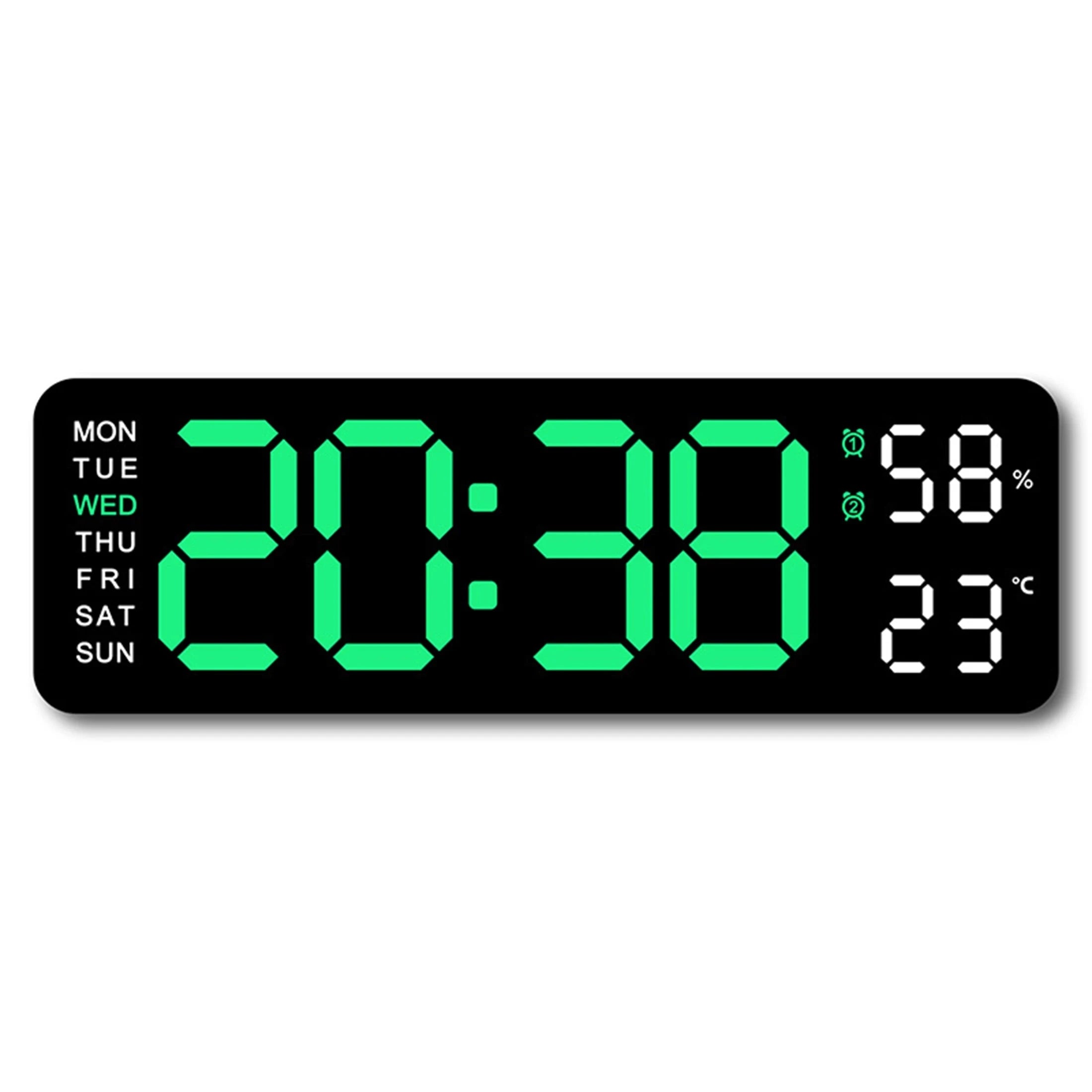 9" LED Digital Wall Clock with Temperature, Humidity & Weekday Display-Green / United States