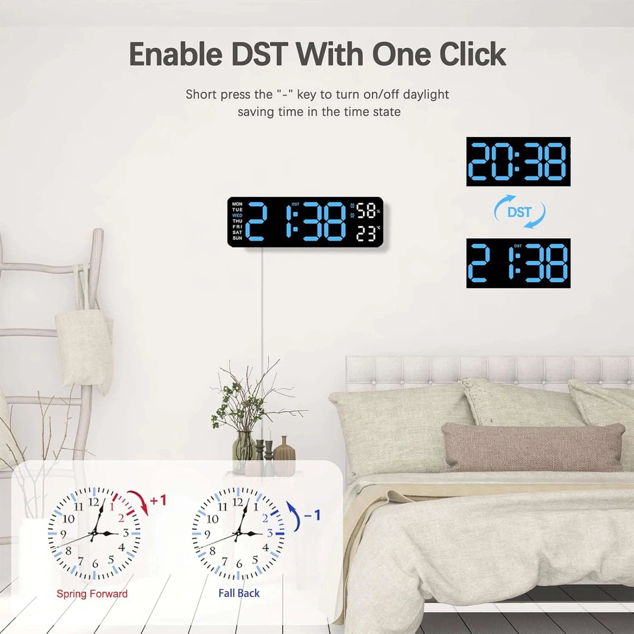 9" LED Digital Wall Clock with Temperature, Humidity & Weekday Display-Green / United States