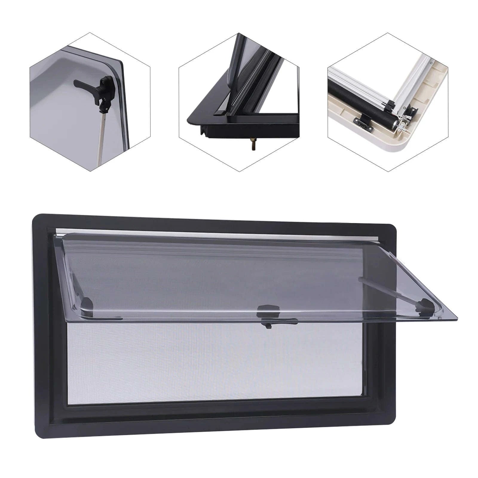 900x500mm Caravan Ventilation Window with Blind and Screen-Black / spain