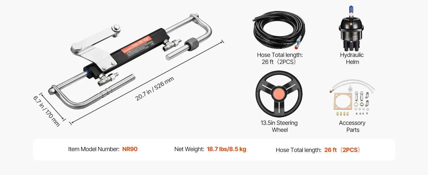 90HP Hydraulic Outboard Steering Kit with Helm, Cylinder & 26ft Hoses-90HP / United States