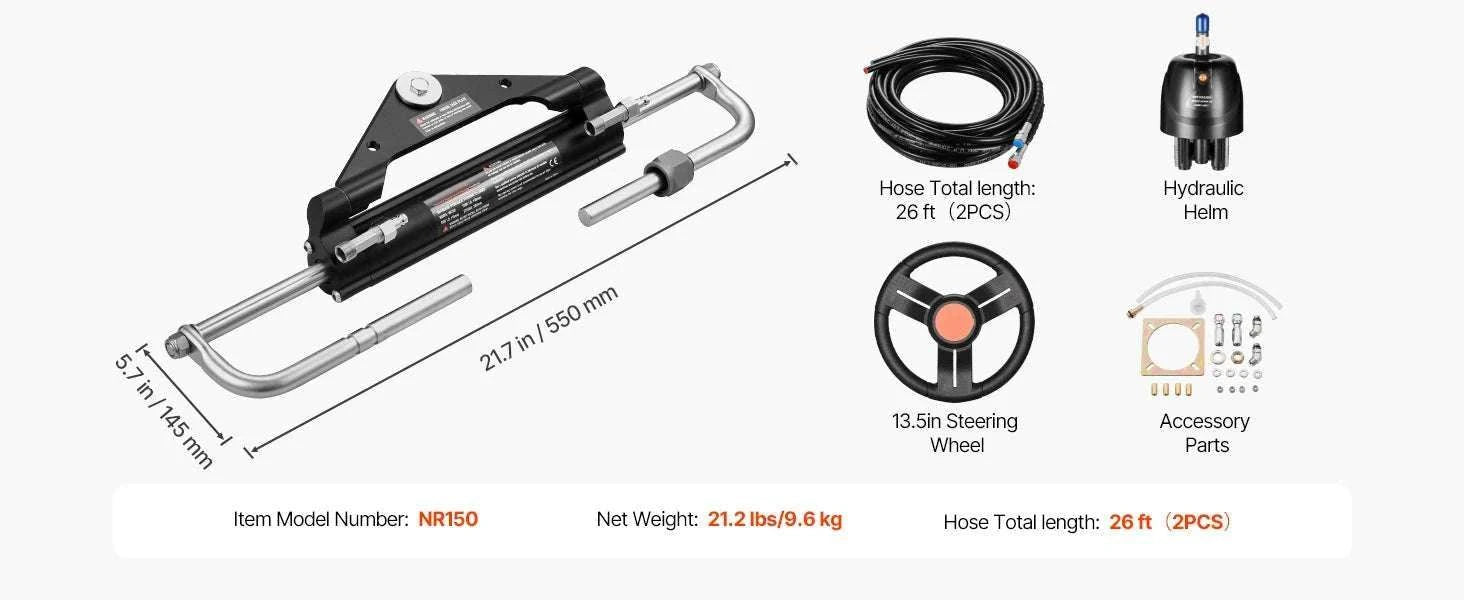 90HP Hydraulic Outboard Steering Kit with Helm, Cylinder & 26ft Hoses-90HP / United States