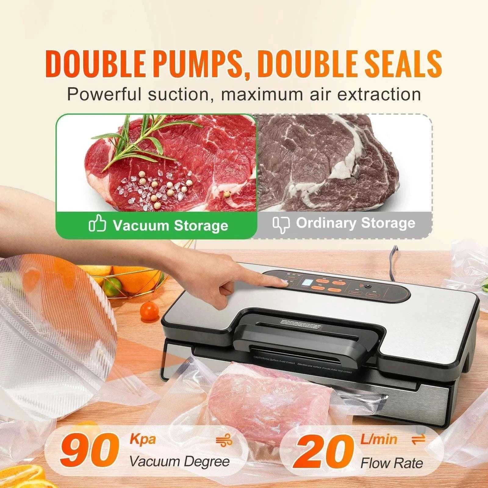 90Kpa Vacuum Sealer Machine with Dual Pumps & Starter Bags-130 W / spain