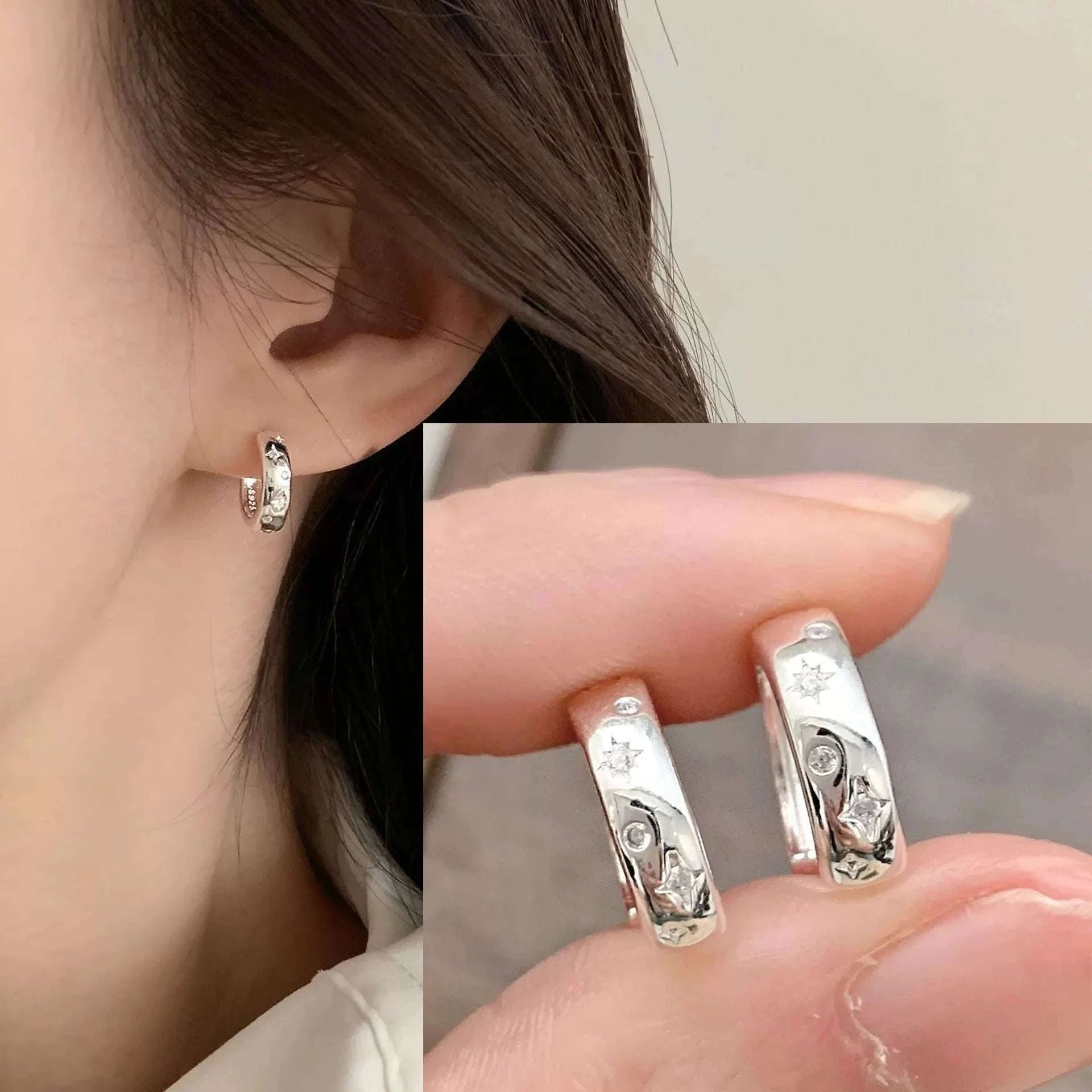 925 Sterling Silver CZ Star Moon Asymmetric Hoop Earrings-30HLZY4617-01