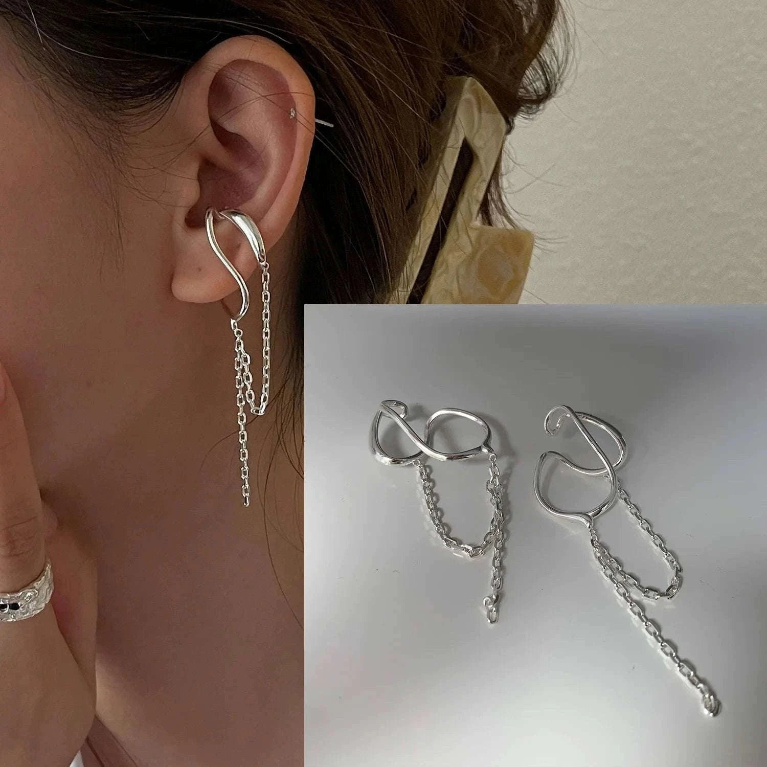 925 Sterling Silver CZ Star Moon Asymmetric Hoop Earrings-30HLZY4617-01