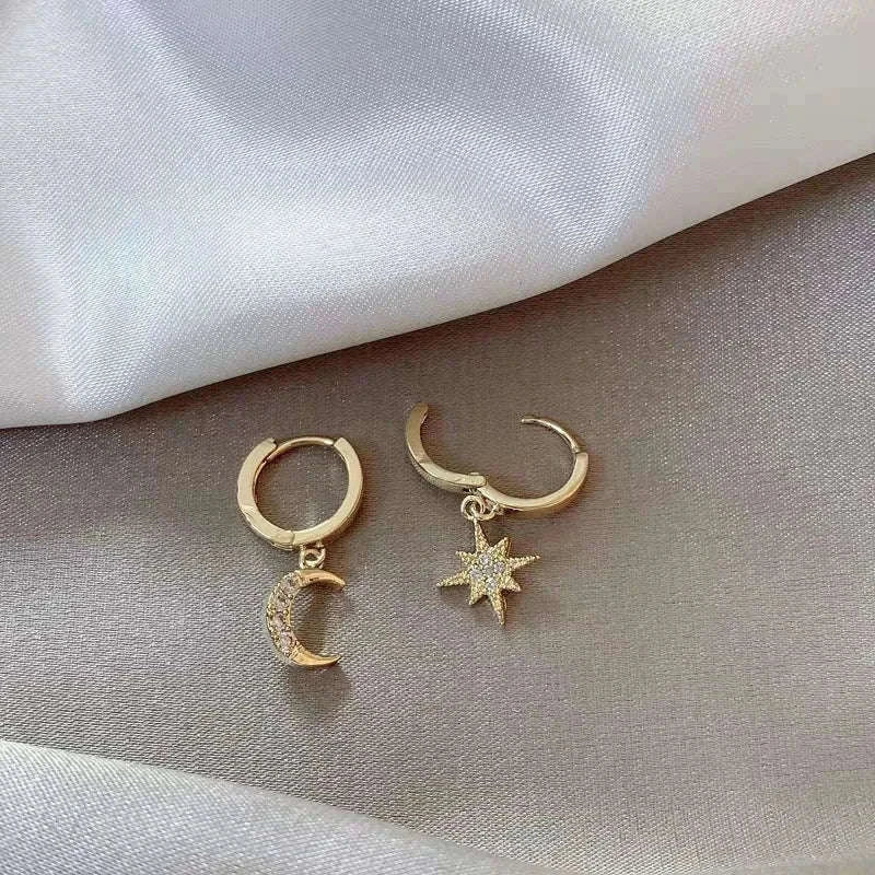 925 Sterling Silver CZ Star Moon Asymmetric Hoop Earrings-30HLZY4617-01