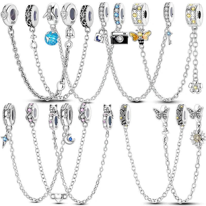 925 Sterling Silver Safety Chain Charm Bead Set-KJC1619