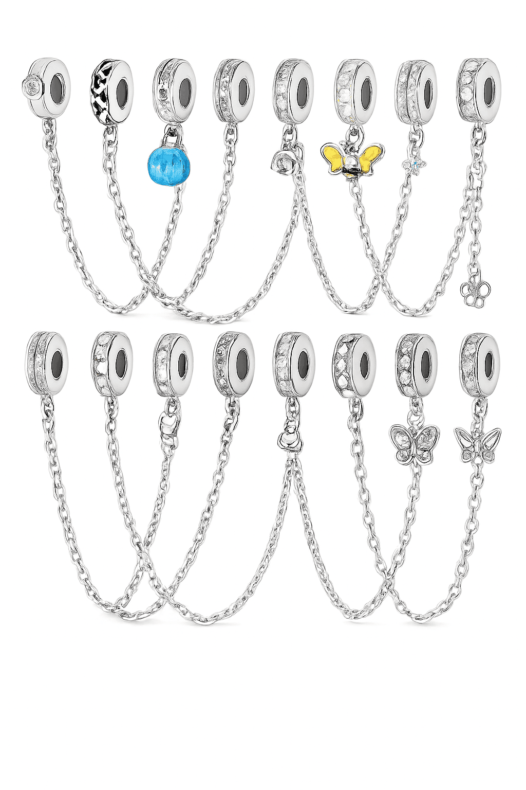 925 Sterling Silver Safety Chain Charm Bead Set-KJC550