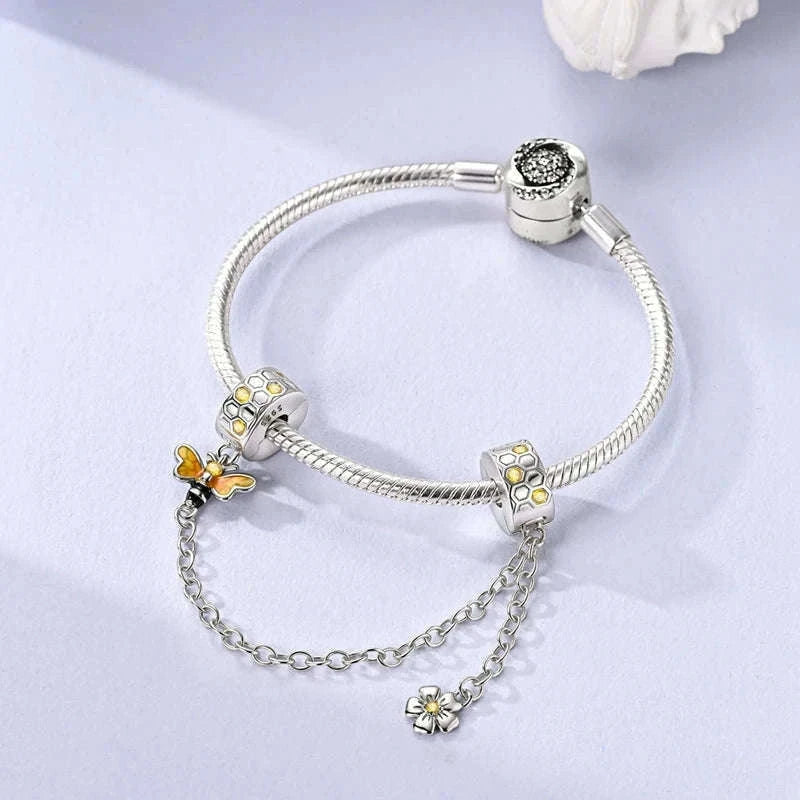 925 Sterling Silver Safety Chain Charm Bead Set-KJC550