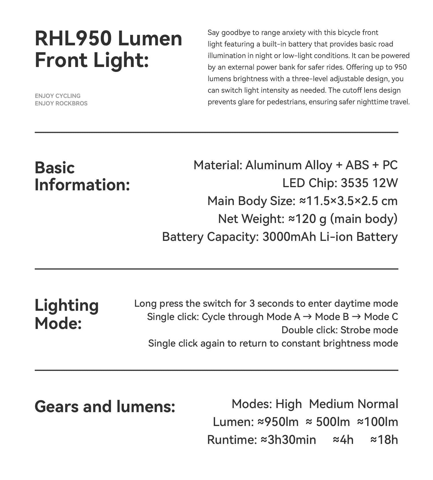 950LM USB Rechargeable Bike Headlight with IPX6 Waterproof-RHL950