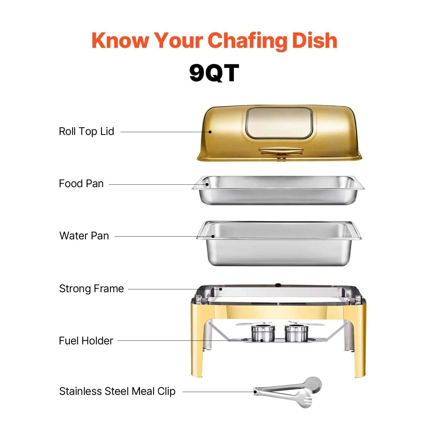 9Qt Roll Top Chafing Dish Set Stainless Steel Buffet Server-Silver Full Pan / United States