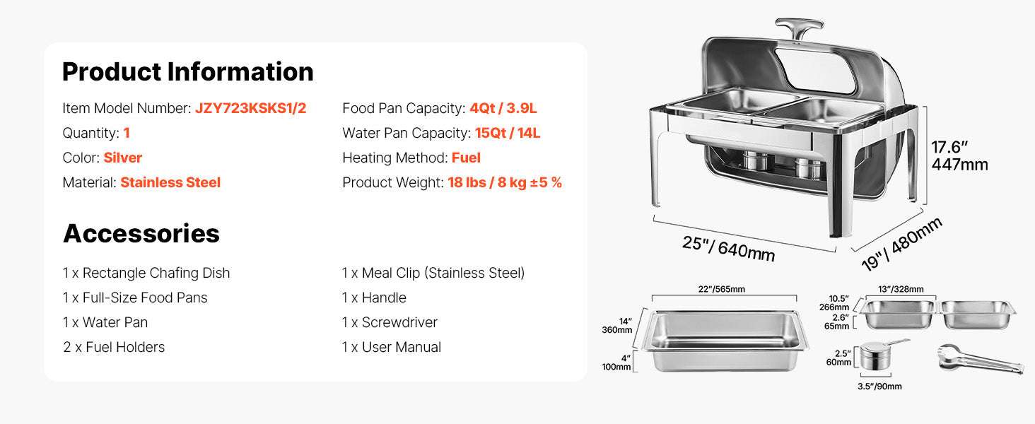 9Qt Roll Top Chafing Dish Set Stainless Steel Buffet Server-Silver Full Pan / United States
