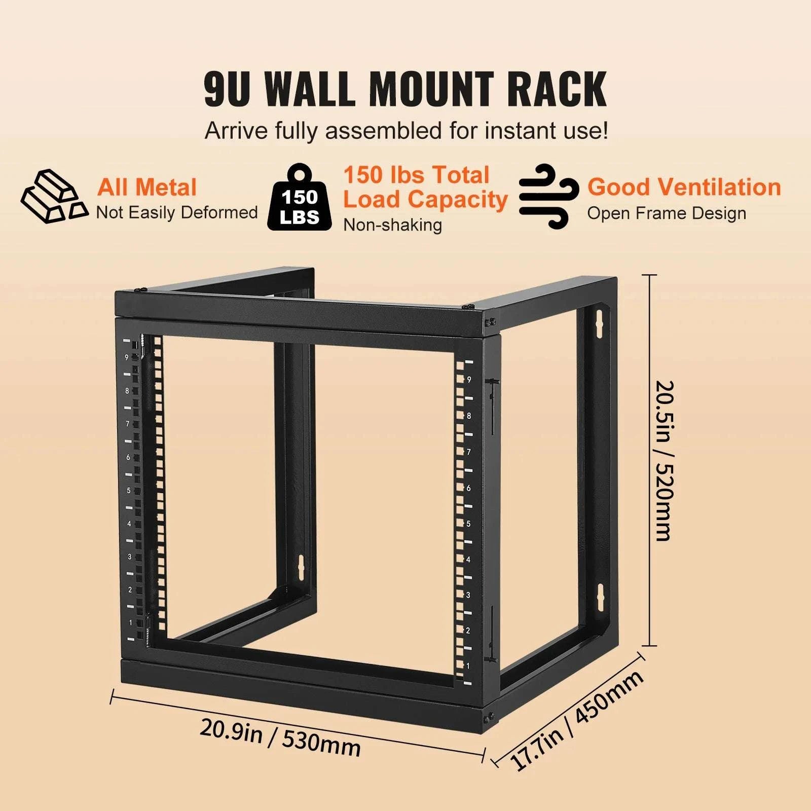 9U Wall Mount Server Rack 19 Inch Open Frame 150 lb Capacity-530 x 450 x 520 mm / spain
