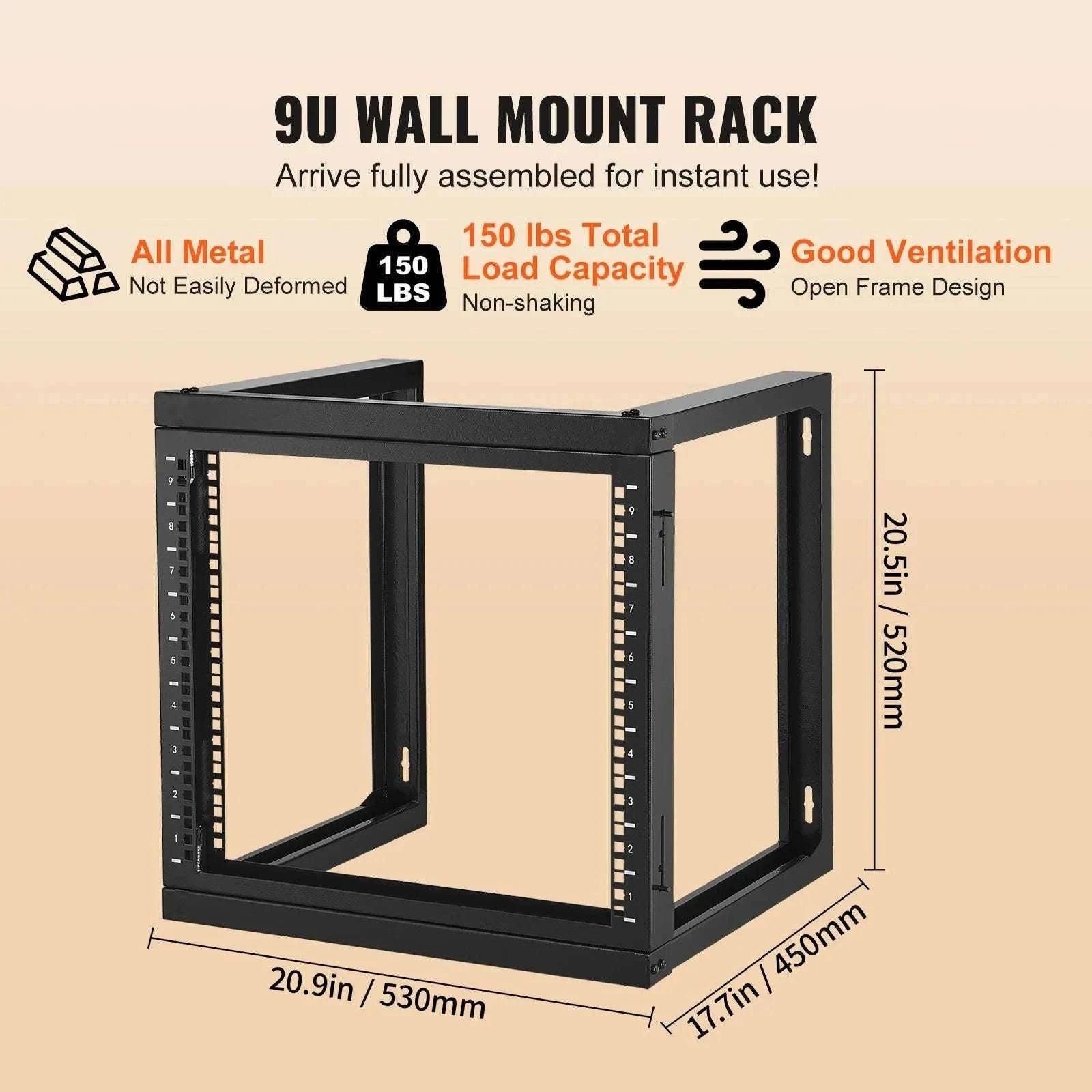 9U Wall Mount Server Rack 19 Inch Open Frame 150 lb Capacity-530 x 450 x 520 mm / spain