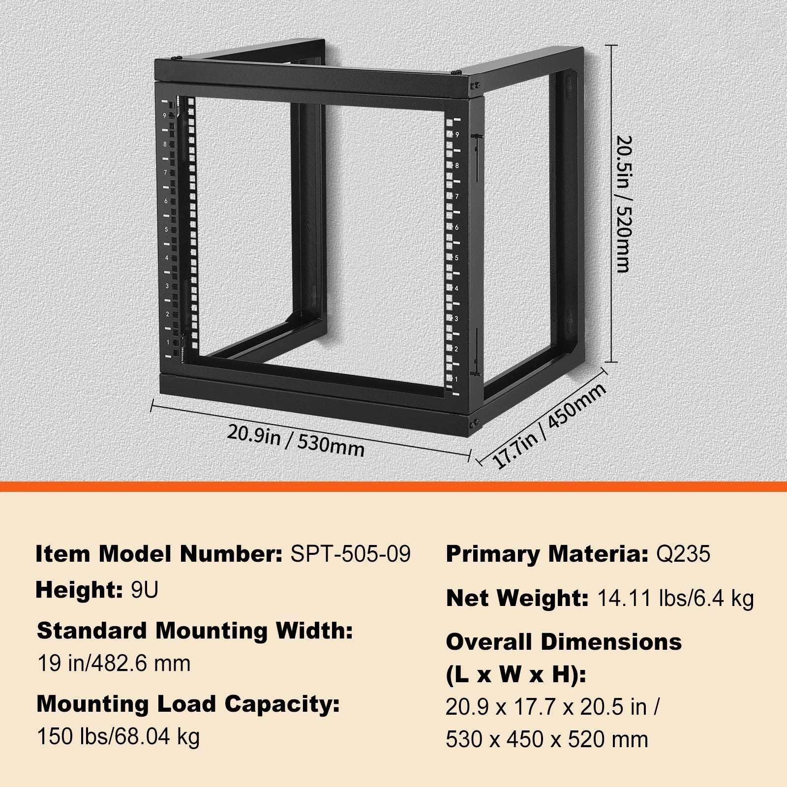 9U Wall Mount Server Rack 19 Inch Open Frame 150 lb Capacity-530 x 450 x 520 mm / spain