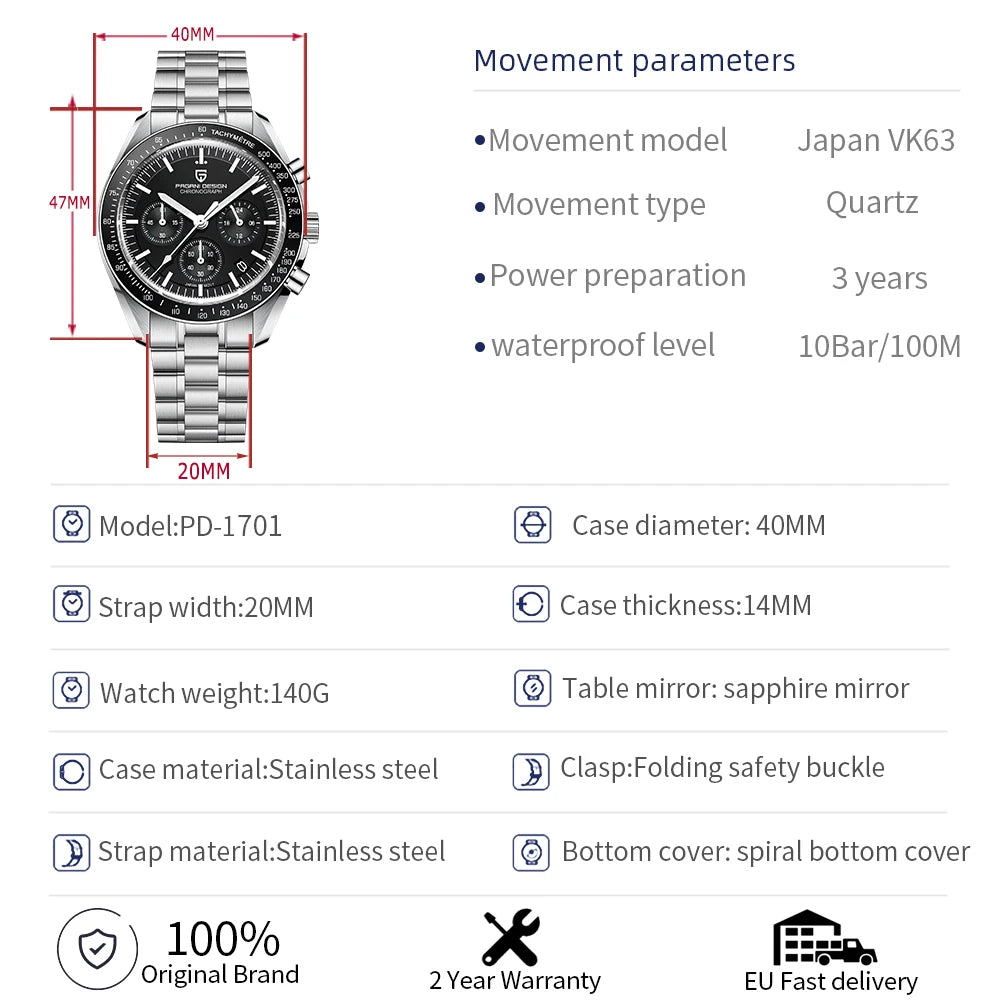 Pagani Design PD-1701 Moon Chronograph Quartz Watch 100M