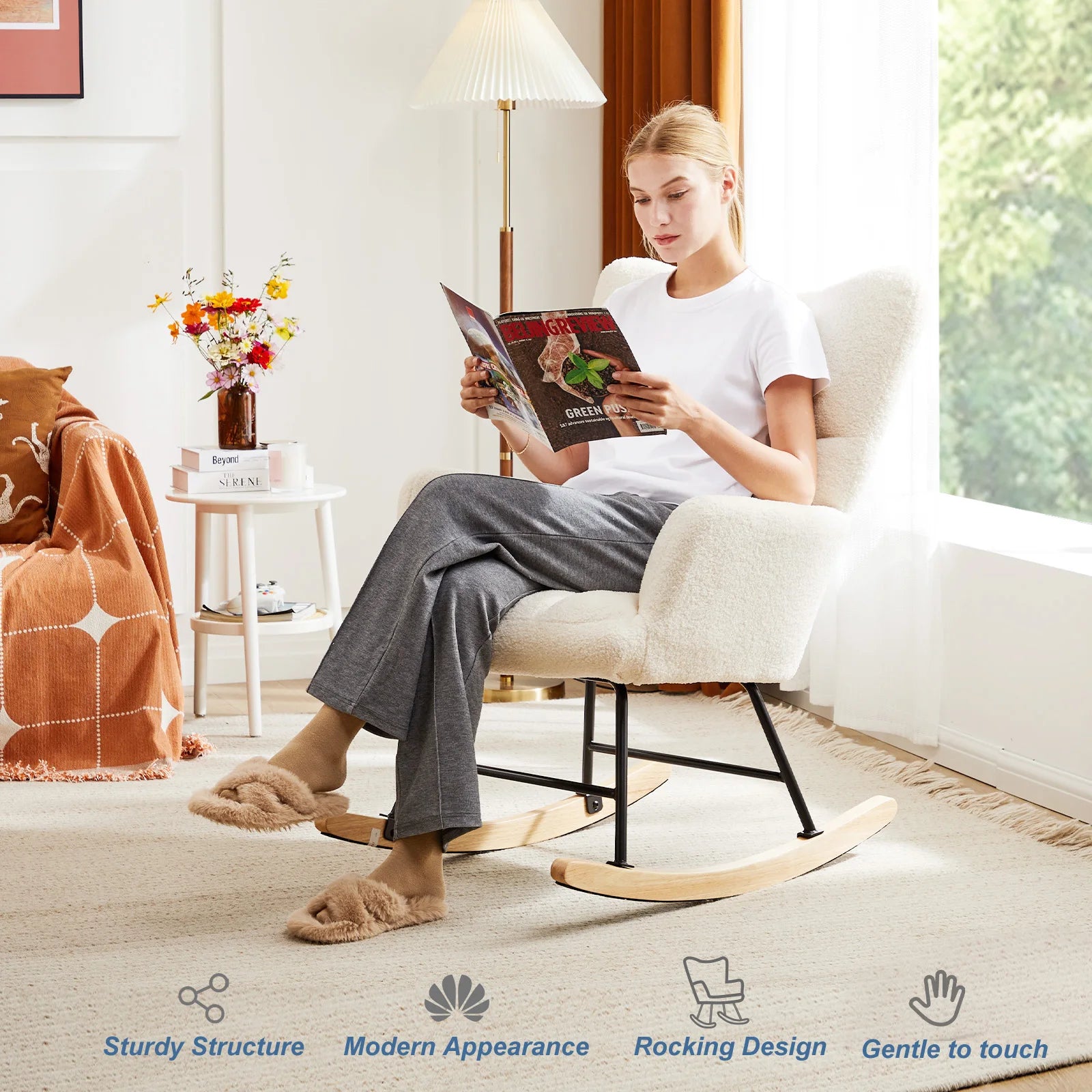 Teddy Fabric Glider Rocking Chair with High Back & Padded Seat