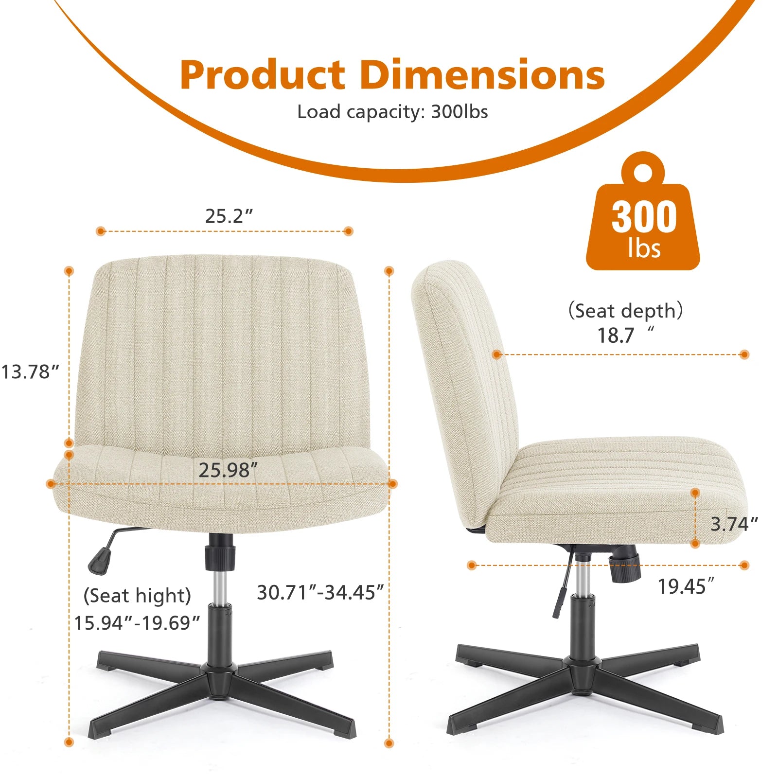 Wide Cross-Legged Office Chair Armless Adjustable Swivel Seat