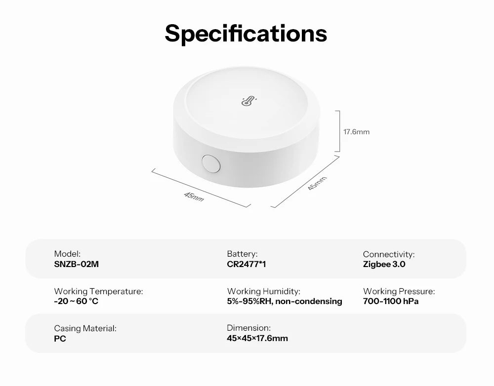 SONOFF SNZB-02M Zigbee 3.0 Temperature, Humidity, and Air Pressure Sensor, Monitors Dew Point and VPD, Compatible with Apple Home via Matter Bridge
