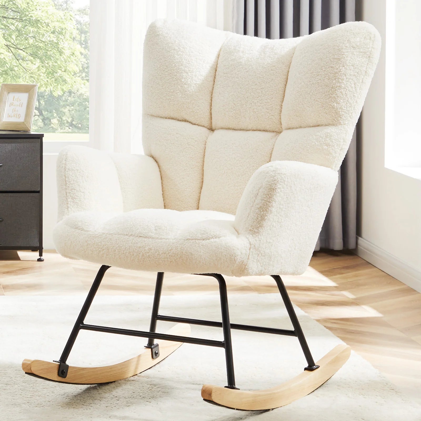 Teddy Fabric Glider Rocking Chair with High Back & Padded Seat